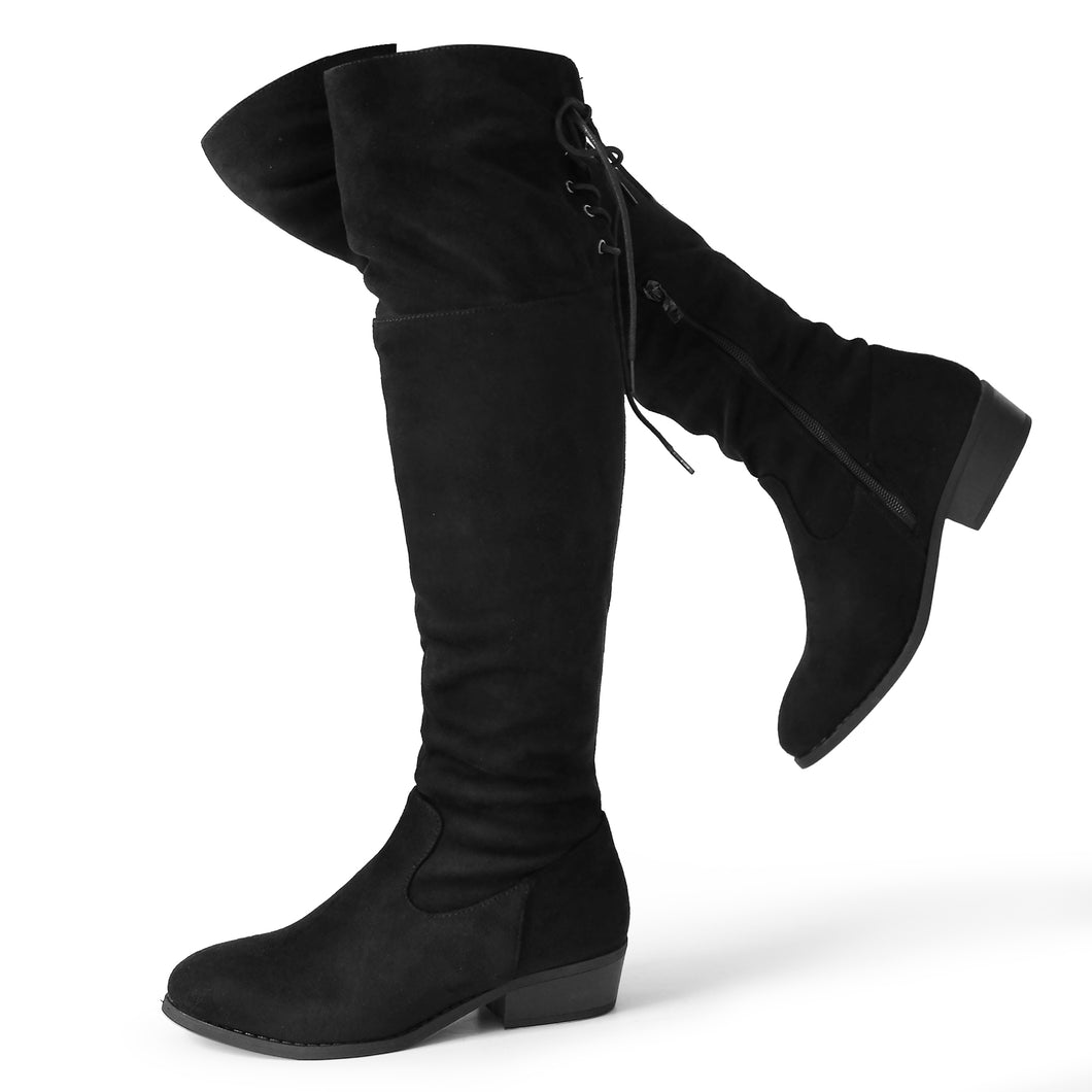 Women's Thigh High Fashion Boots Over The Knee Black Low Flat Heel Boots